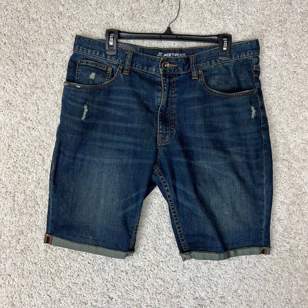 JT Jack Threads Denim Jean Shorts 36 Button Dark Wash Jorts Distressed Cuffed